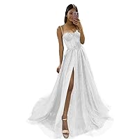 Women's Elegant Glitter Tulle Prom Dress A Line Side Split Evening Party Dress