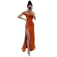 Off Shoulder Mermaid Prom Dress with Slit Long Satin Bridesmaid Dresses Corset Formal Party Gowns HS009