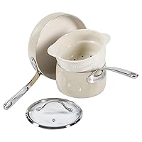 Oprah's Favorite Things - 4-Piece Heavy-Gauge Aluminum Pots and Pans Cookware Set w/Non-Stick Non-Toxic Ceramic Interior and Ceramic Steamer Insert Oat White