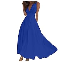 Plain Dress for Women Summer Party Sun Dress Sleeveless Wrap V Neck A-Line Pleated Maxi Foraml Dress