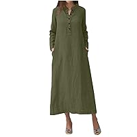 Women's Long Sleeve Loose Button Plain Maxi Dresses Casual Long Dresses Summer Plus Size Dresses with Pockets