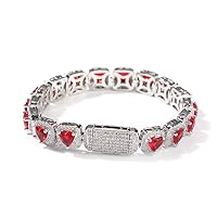 9mm Heart Baguettecz Bracelet Iced Out Red Green Pink Heart Cubic Zirconia Link Chain Necklace Hiphop Jewelry (Silver red-20inch necklace)