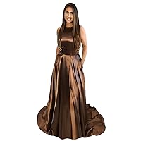 Women Halter Prom Dresses High Slit Long Criss-Cross Back Satin Formal Evening Party Gown with Pockets
