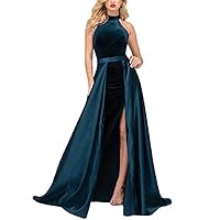 Women's Halter Split Long Prom Dresses Velvet Mermaid Evening Dresses with Detachable Train Navy Blue