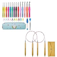 Yarniss 14 Size Crochet Hooks Set, 2mm(B)-10mm(N) Ergonomic Crochet Hooks with Case for Arthritic Hands + Circular Knitting Needles 12.0mm 15.0mm, Beech Wood Blanket Knitting Needle with Cable 29 Inch