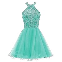 Women's Halter Short Tulle Homecoming Dress Lace Appliques Beaded Prom Gowns