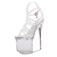 Platform Heels for Women 7.4 Inches High Stiletto Heel Sandals Comfy Open Toe Heeled Sandals Clear Crystal Ankle Strappy Wedding Dress Shoes