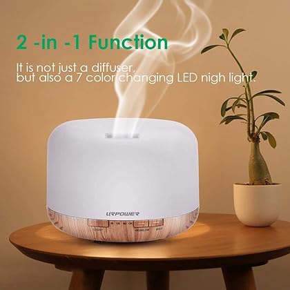 URPOWER 500ml Aromatherapy Essential Oil Diffuser Humidifier Diffusers for Essential Oils Room Decor Lighting with 4 Timer Settings, 7 Color Changing Lamps and Waterless Auto Shut-Off