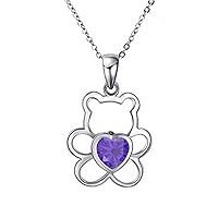 14K White Gold Plated Alloy Created Amethyst Cute Teddy Bear Love Heart Pendant Necklace