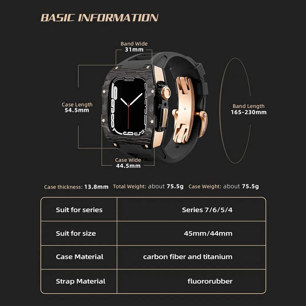 CZKE Carbon Fiber Modification Set for Apple Watch 7 44mm 45mm Rubber Strap Luxury Modified Titanium Alloy Case for IWatch 7 6 5 4 SE (Color : B, Size : 44mm for 6/5/4/SE)