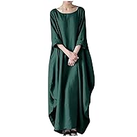 Plus Size Cotton Linen Dress for Women Long Sleeve Plain Loose Fit Beach Dress Round Neck Kaftan Dresses with Pocket
