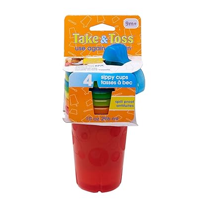 The First Years Take & Toss Spill Proof Sippy Cups - Reusable Toddler Cups - Rainbow - Kids Cups and Snap On Lids for Ages 9 Months and Up - 4 Count