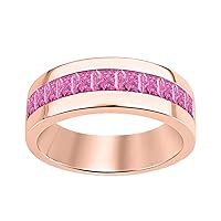 14K Rose Gold Over .925 Sterling Silver Princess Cut Pink Sapphire Mens Wedding Band Ring
