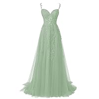 Women's Sexy Flower Lace Appliques Long Cocktail Dress A Line Tulle Evening Dress (as1, Numeric, Numeric_8, Regular, Regular, Sage Green)