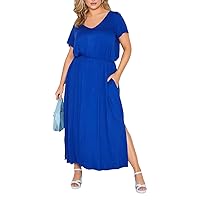 Women Plus Size V-Neck Summer Casual Dress Short Sleeve Elastic Waist Maxi Straight Dress Split Side Beach Dress