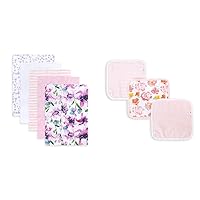 Burt's Bees Baby - Burp Cloths, 5-Pack Extra Absorbent 100% Organic Cotton Burp Cloths (Watercolor Daylily) (LY27007-LLM-OS-H) & Washcloths, Absorbent Knit Terry, Super Soft 100% Organic Cotton