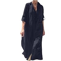 Women Cotton Linen Roll-Up 3/4 Sleeve Kaftan Dress Plus Size Summer Split Front Hem V-Neck Casual Baggy Shirt Dress