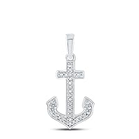 Sterling Silver Womens Round Diamond Anchor Nautical Pendant 1/12 Cttw
