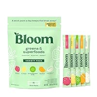 Bloom Nutrition Superfood Greens Powder Stick Packs, Digestive Enzymes with Probiotics and Prebiotics, Gut Health, Bloating Relief for Women, Chlorella, Green Juice Mix, 15 SVG, 5 Flavor Variety
