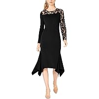 INC Womens Lace Inset Asymmetric Long Sleeve Midi Sweaterdress Black, X-Small