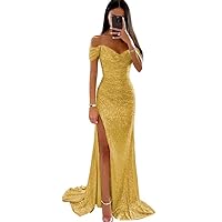 Off Shoulder Sequin Prom Dress Sparkly Mermaid Formal Party Dress with Split Long Evening Gowns for Women