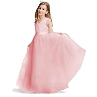 Flower Girls Dresses Sleeveless V-Neck Maxi Girl Dress- Tulle Elegant Party Ball Gowns with Bow-Knot 5-14Y