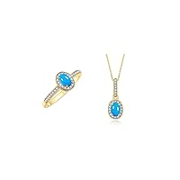 Rylos Matching Jewelry 14K Yellow Gold Halo Pendant Necklace & Matching Ring. Gemstone & Diamonds, 18