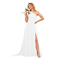 Women's One Shoulder Bridesmaid Dresses A-line Pleated Slit with Pockets Chiffon Formal Evening Gowns