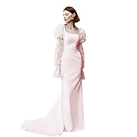 Women's Long Seelve Lace Satins Prom Dress for Women Sexy Open Back ElegantWedding Dress