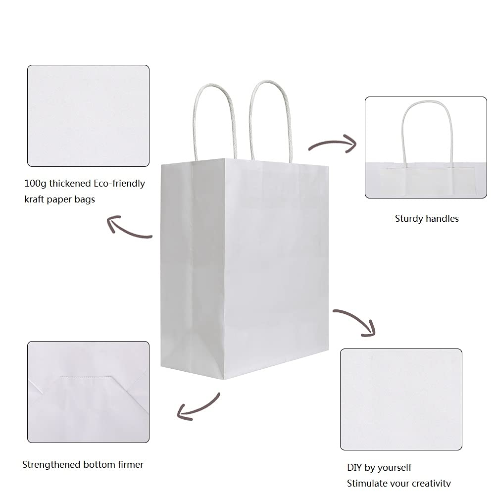 bagmad 50 Pack 8x4.75x10 inch Medium White Kraft Paper Bags with Handles Bulk, Gift Bags, Craft Grocery Shopping Retail Birthday Party Favors Wedding Sacks Restaurant Takeout, Business (50Pcs)