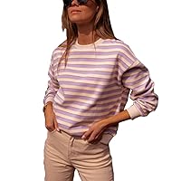 Women's Ribbed Cuffs Solid Striped Crewneck Sweater Classic Black and Whiter Loose Patchwork Tops