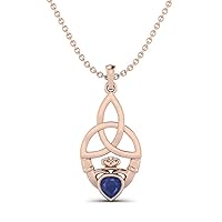MOONEYE 0.52 Cts Heart Shape Blue Sapphire Cz Claddagh Traditional Pendant Necklace 925 Sterling Silver Celtic Design Jewelry