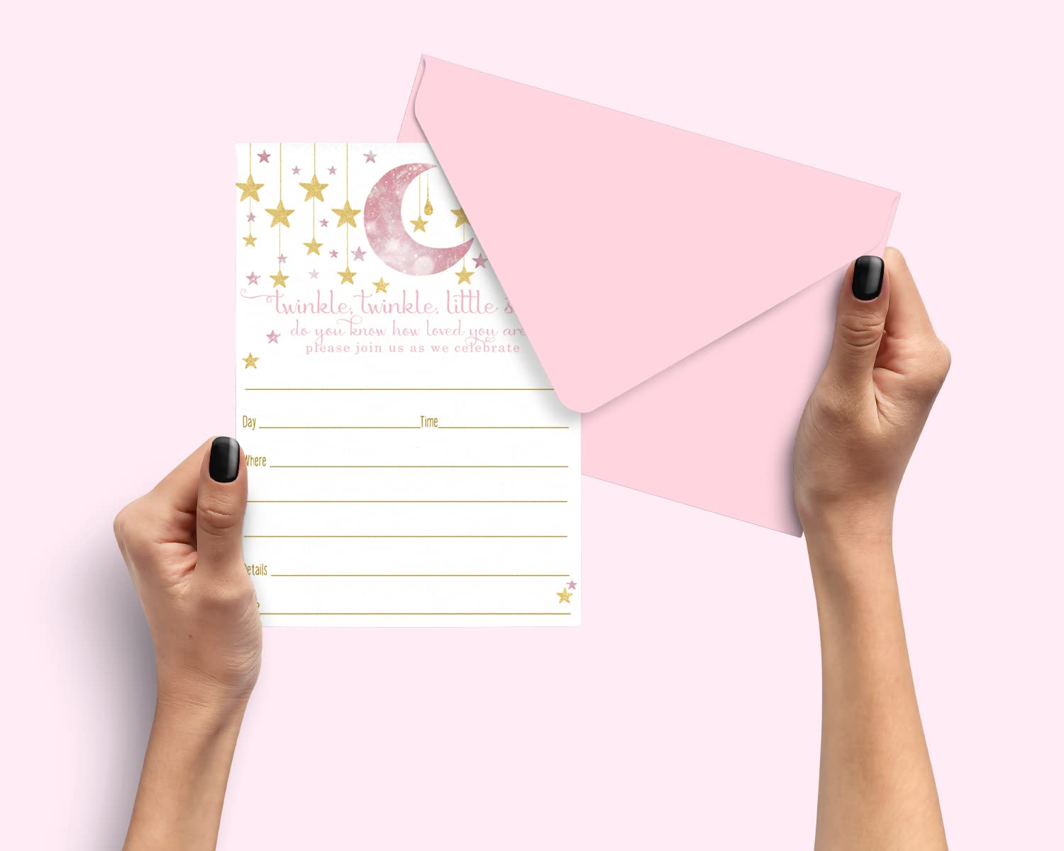 Paper Clever Party Twinkle Little Star Invitations and Envelopes (15 Pack) Blank Invites for Girls Baby Shower, Reveal, Sprinkle – Celestial Theme Design Pink and Gold - Printed 4x6 Size Card Set