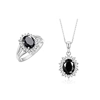 RYLOS Women's Sterling Silver Princess Diana Ring & Pendant Set. Gemstone & Diamonds, 9X7MM Birthstone. Matching Friendship Jewelry, Sizes 5-10.