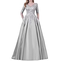 Satin Mother of Bride Dress for Women Formal Party Evening Gown V Neck Laces Mother of Groom Dresses with Pockets