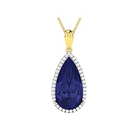 Drop Shape Lab Made Blue Sapphire 925 Sterling Silver Pendant Necklace with Cubic Zirconia Link Chain 18