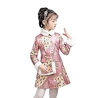 Girls' Velvet and Thickeded Buckle Embroidered Cheongsam Dresses,Chinese Style Warm New Year's Clothes.