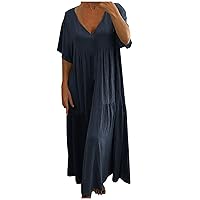 Women's Short Sleeve V Neck Cotton Linen Maxi Dresses Casual Loose Solid Color Tiered Swing Ruffle Flowy Long Dress