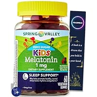 Zero Sugar Kids Melatonin Sleep Support Spring Valley Dietary Supplement Gummies, BlackBerry and Raspberry, 1 mg, 60 Count and Bookmark Gift of YOLOMOLO