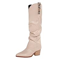 Women's Fold Over Knee High Boots Pull-on Boot Chunky Heel Denim Pointed Toe Plus Size Boots Extra Wide Calf
