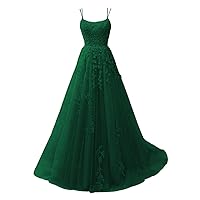 CWOAPO Spaghetti Straps Long Prom Dresses 2024 Ball Gown Lace Appliques Tulle Prom Dress with Pockets Wedding Gowns for Women