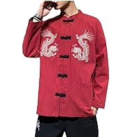 Loose Kimono Shirt Men's Cotton Jacket Golden Dragon Embroidery Frog Button Kung Fu Coat Men's Chinese Retro Cardigan red M