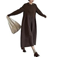 Women's Patchwork Long Skirt with Standing Collar, Long Sleeves, Button, High Waist Pleated Dress