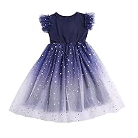 Girls' Starry Sky Gradient Short-Sleeved Dress Princess Dress Tulle Tutu Skirt Kids' Skirt