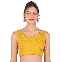 Banarasi Silk Floral Design Golden with U-Shape Neck Sari Blouse Sleeveless Readymade Blouse for Women