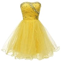 VeraQueen Women's Sweetheart Beaded Homecoming Dress Short Tulle Sleeveless Cocktail Gown Yellow