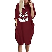 Womens Halloween Pumpkin Face Print T Shirt Dress Plus Size Long Sleeve Crewneck Midi Dress Casual Swing Loose Dress