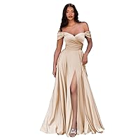Mauuwy Off Shoulder Satin Silk Prom Dresses with Slit A-line Long Formal Dresses with Pleats Simple Evening Gowns Y99