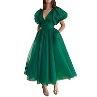 Women's Puffy Sleeve Prom Dresses Tulle V Neck Tea Length Formal Evening Gowns with Pockets