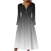 Women's Fall Winter Long Sleeve Gradient Maxi Dresses Pleated Front Button V Neck Henley A-Line Dresses with Pockets